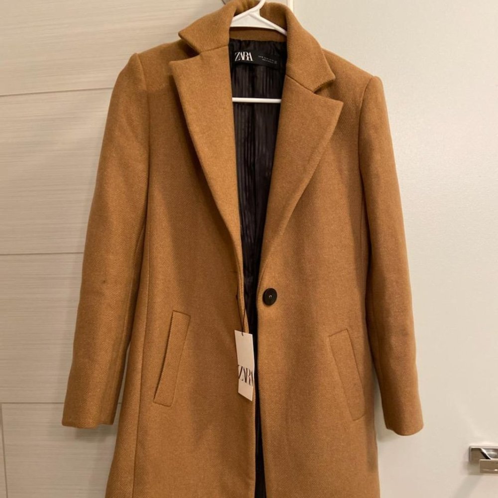 Zara Camel Tan Single-Button Wool Blend Pea Coat worn once